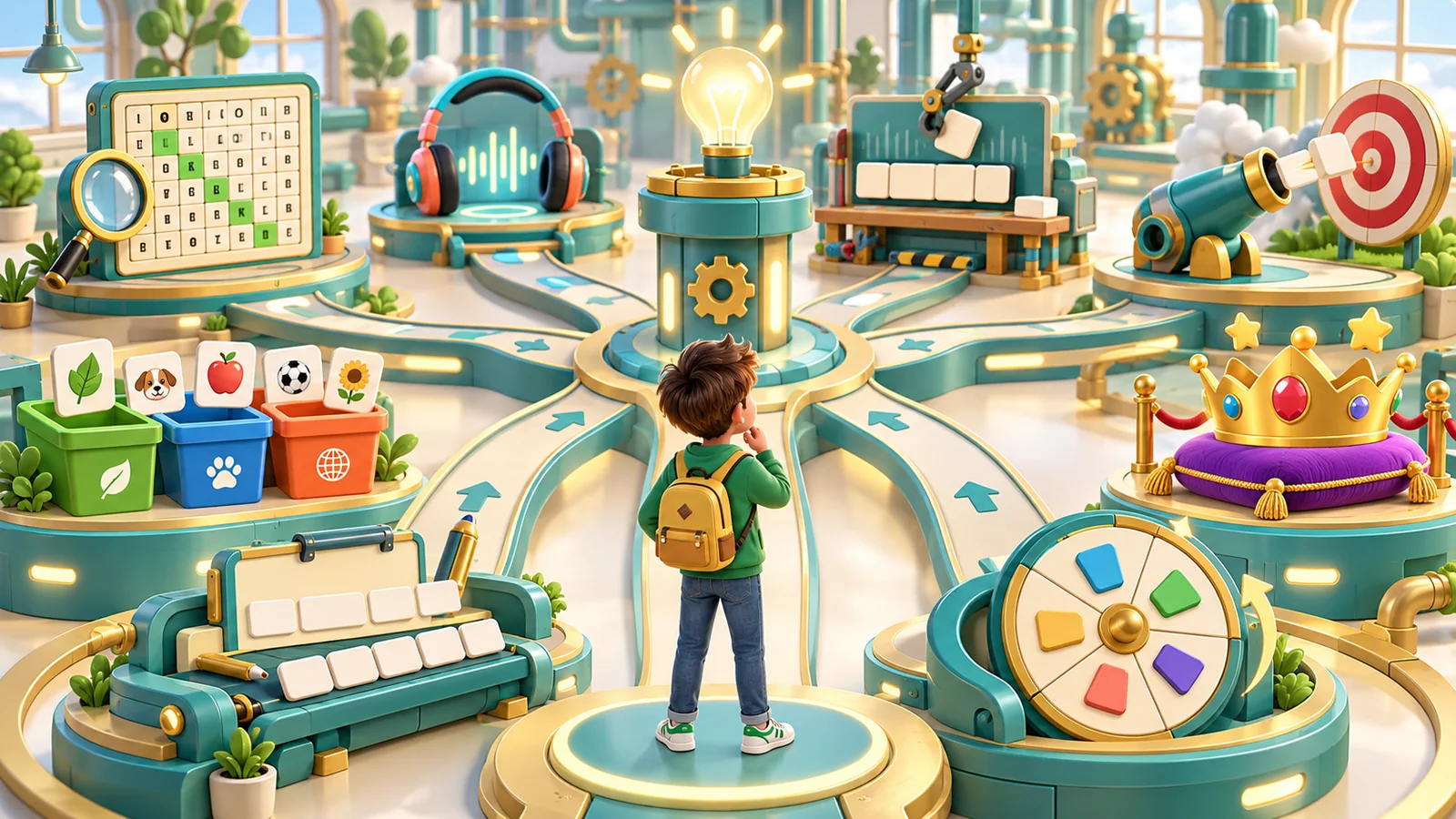 Illustration of a learner choosing among eight different word-game stations