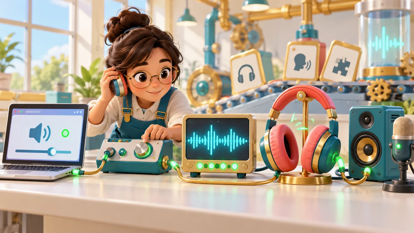 Illustration of a learner testing headphones, speakers and browser audio controls