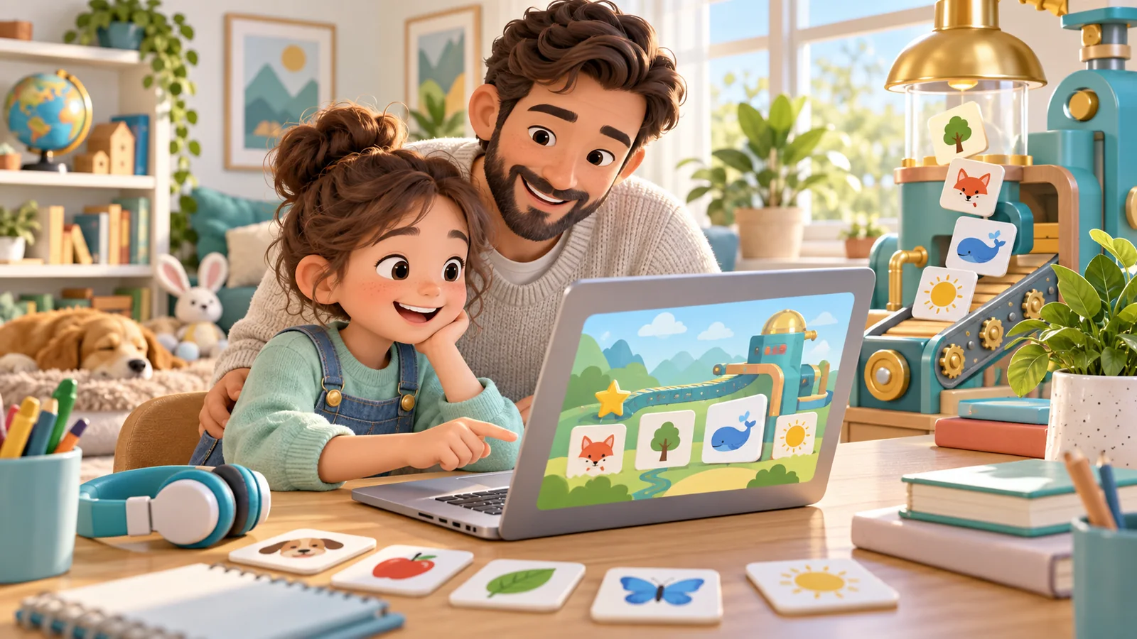 Illustration of a parent supporting a child playing a vocabulary game at home