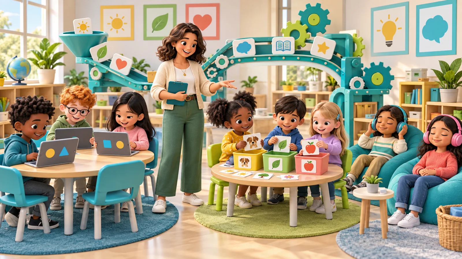Illustration of a teacher guiding three classroom vocabulary-game stations